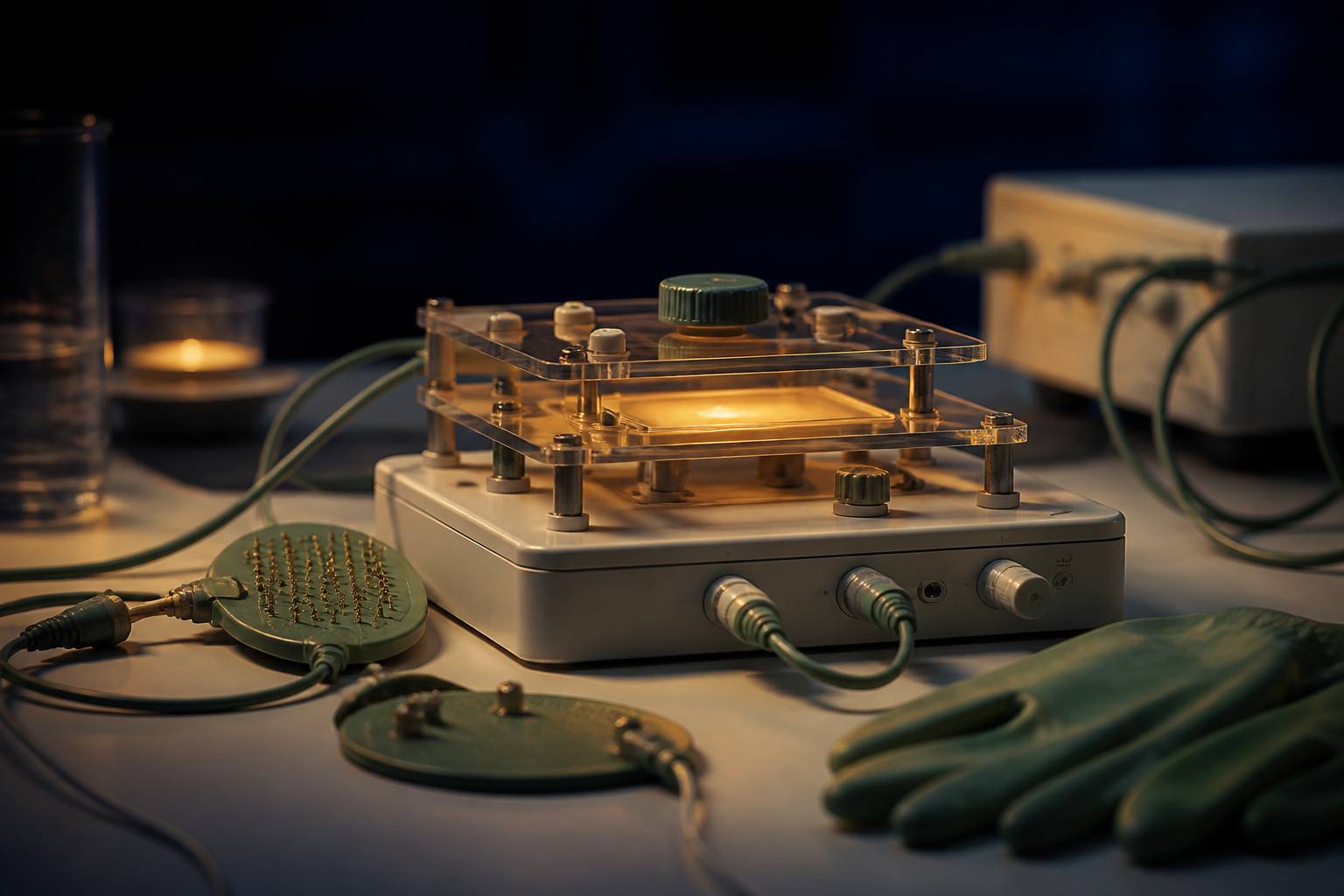 Câbles et gants de sécurité près du dispositif générique sur une table de laboratoire
