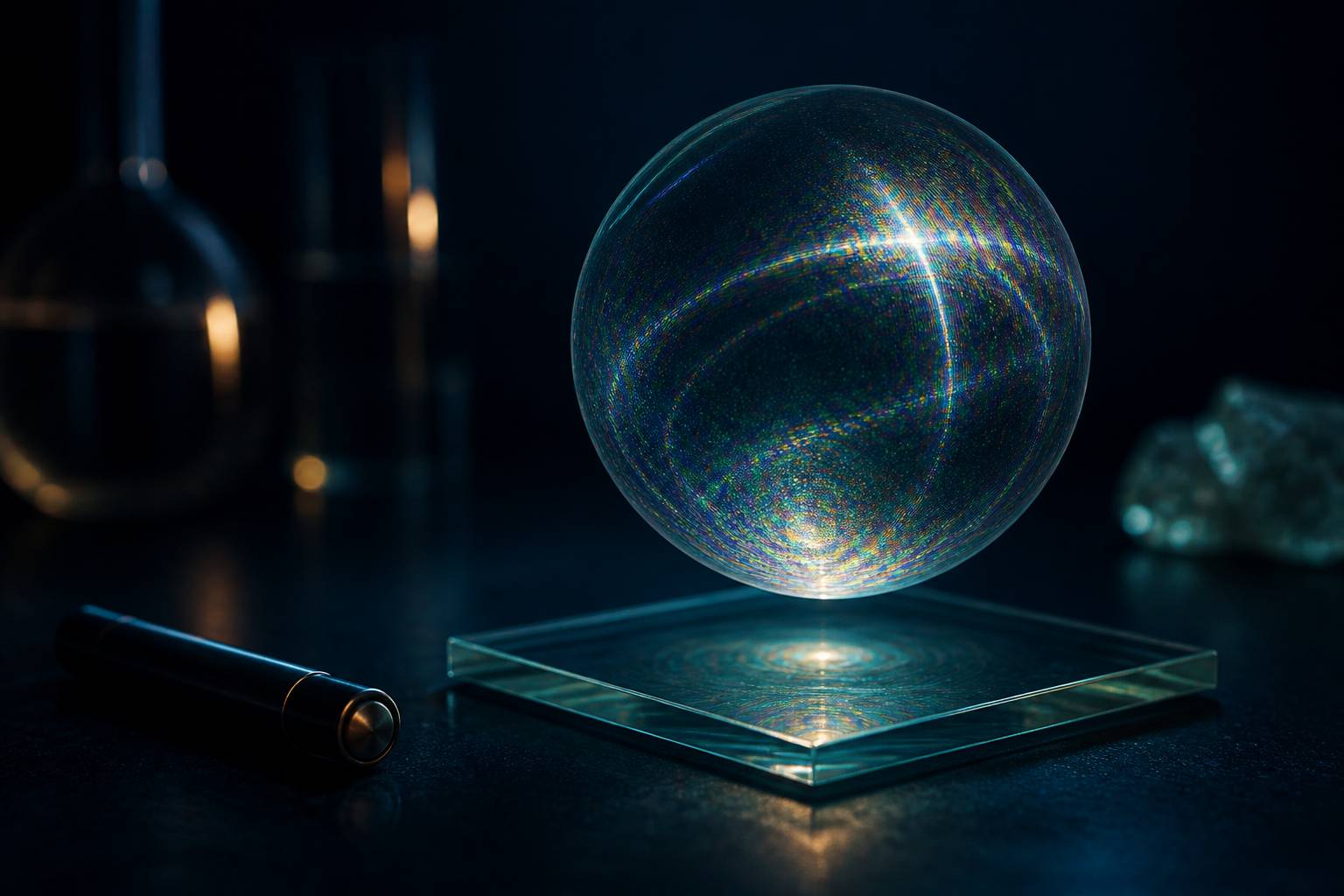 Sphère holographique translucide flottant au-dessus d'une plaque de verre