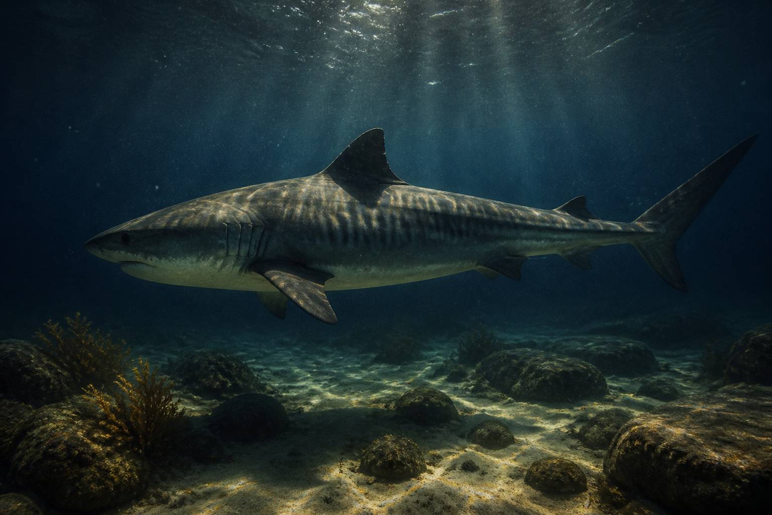 Silhouette de requin tigre glissant dans les profondeurs bleues