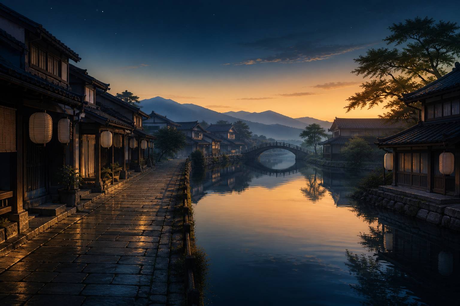 Rue japonaise paisible au lever du jour avec des lanternes