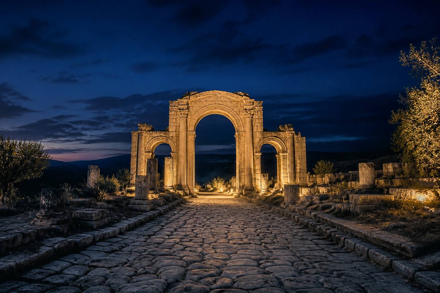 Arches et vestiges d'ingénierie romaine antique dans un paysage dégagé au soleil couchant