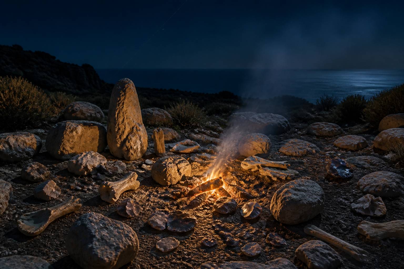 Pierres taillées et braises fumantes d'un feu préhistorique