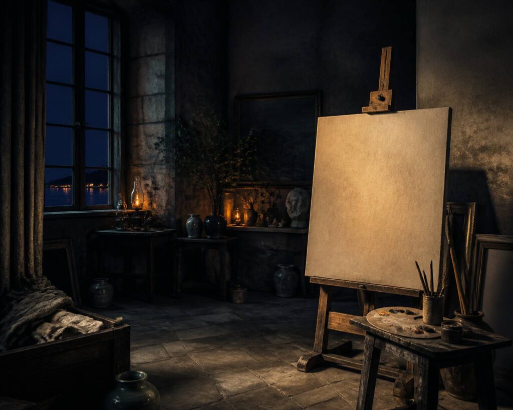 Atelier de peintre avec une grande toile sur chevalet et palette de couleurs