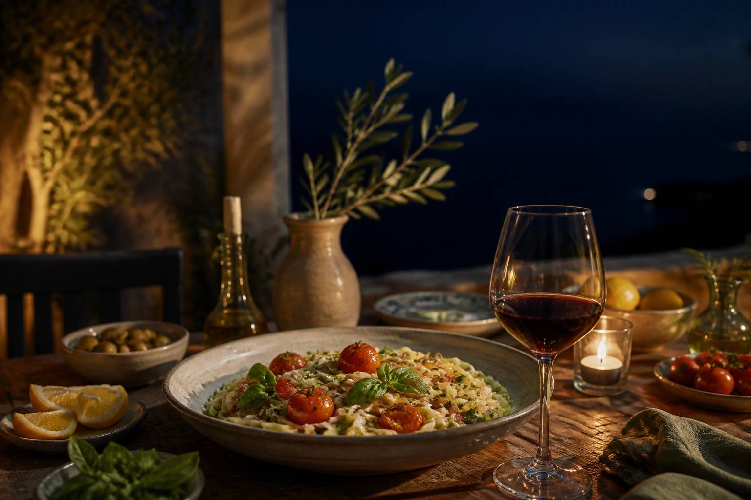 Plat de pâtes fraîches sur une table de fête avec des citrons et des tomates