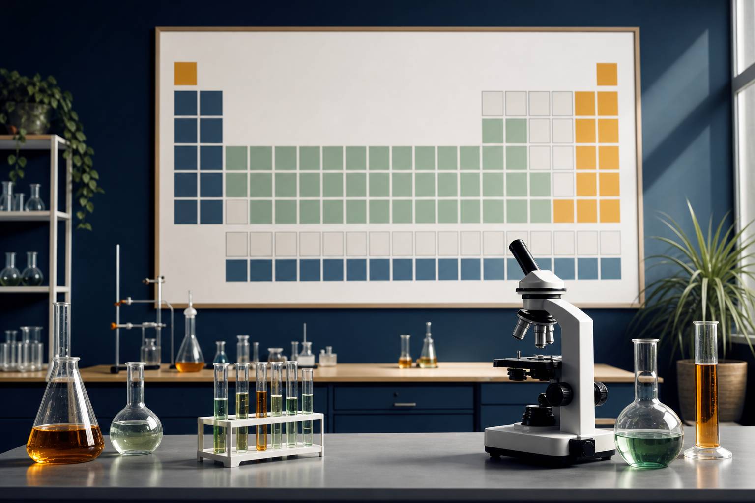 Tableau périodique flou avec un microscope et des fioles sur un bureau
