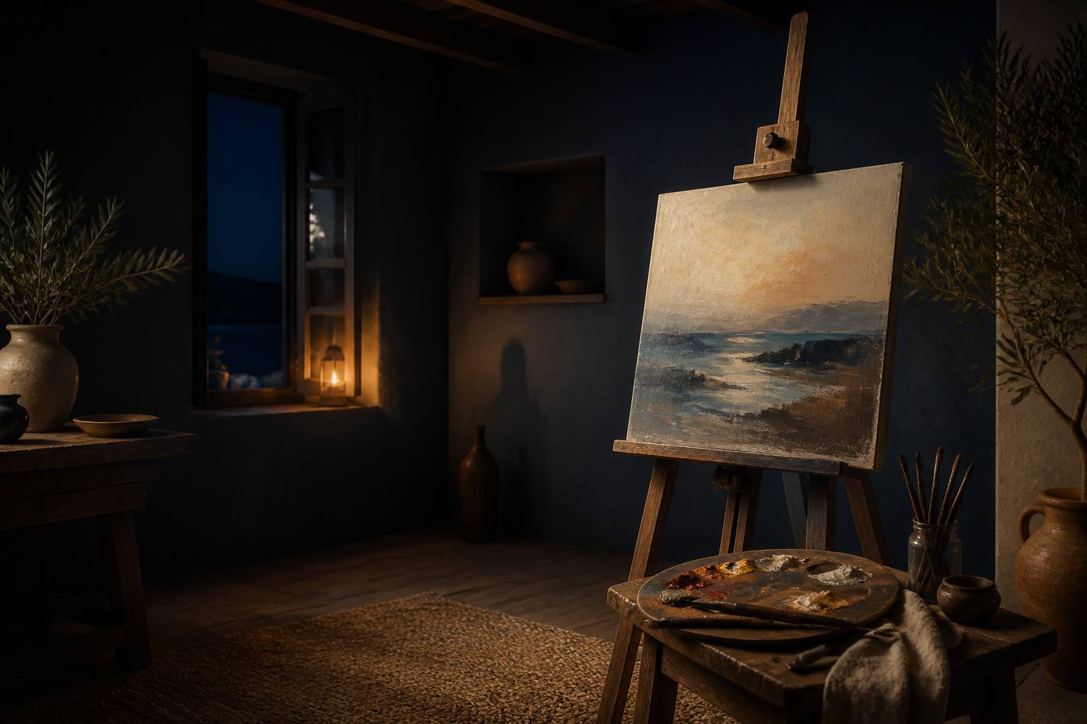 Chevalet avec toile partiellement peinte et palette de peintre