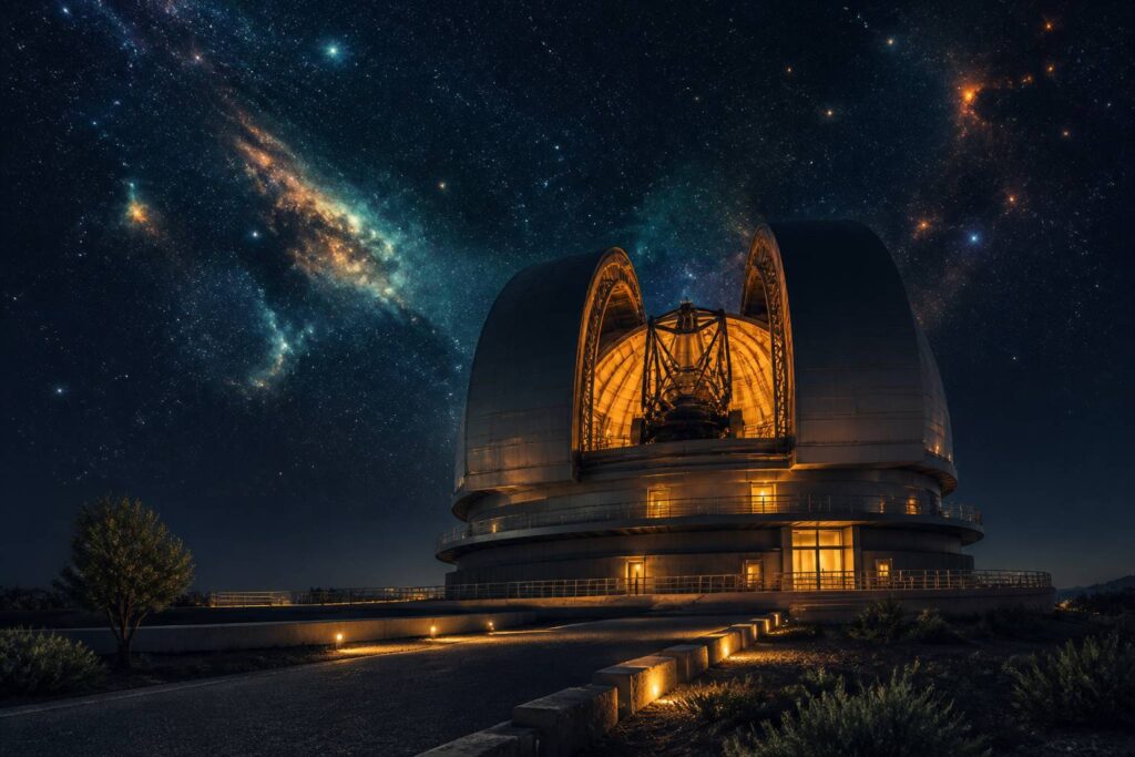 Grand télescope générique sous dôme ouvert avec ciel étoilé