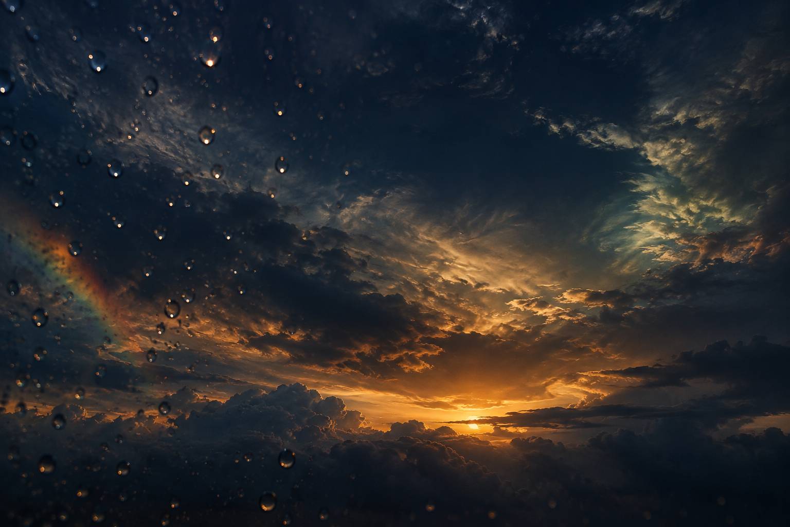 Ciel après la pluie avec halo lumineux et fragment d'arc coloré
