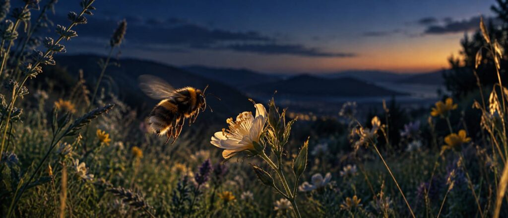 Bourdon en vol devant une fleur sauvage au crepuscule
