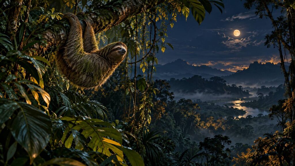 Bradipo tridattilo appeso a un ramo in una foresta tropicale umida