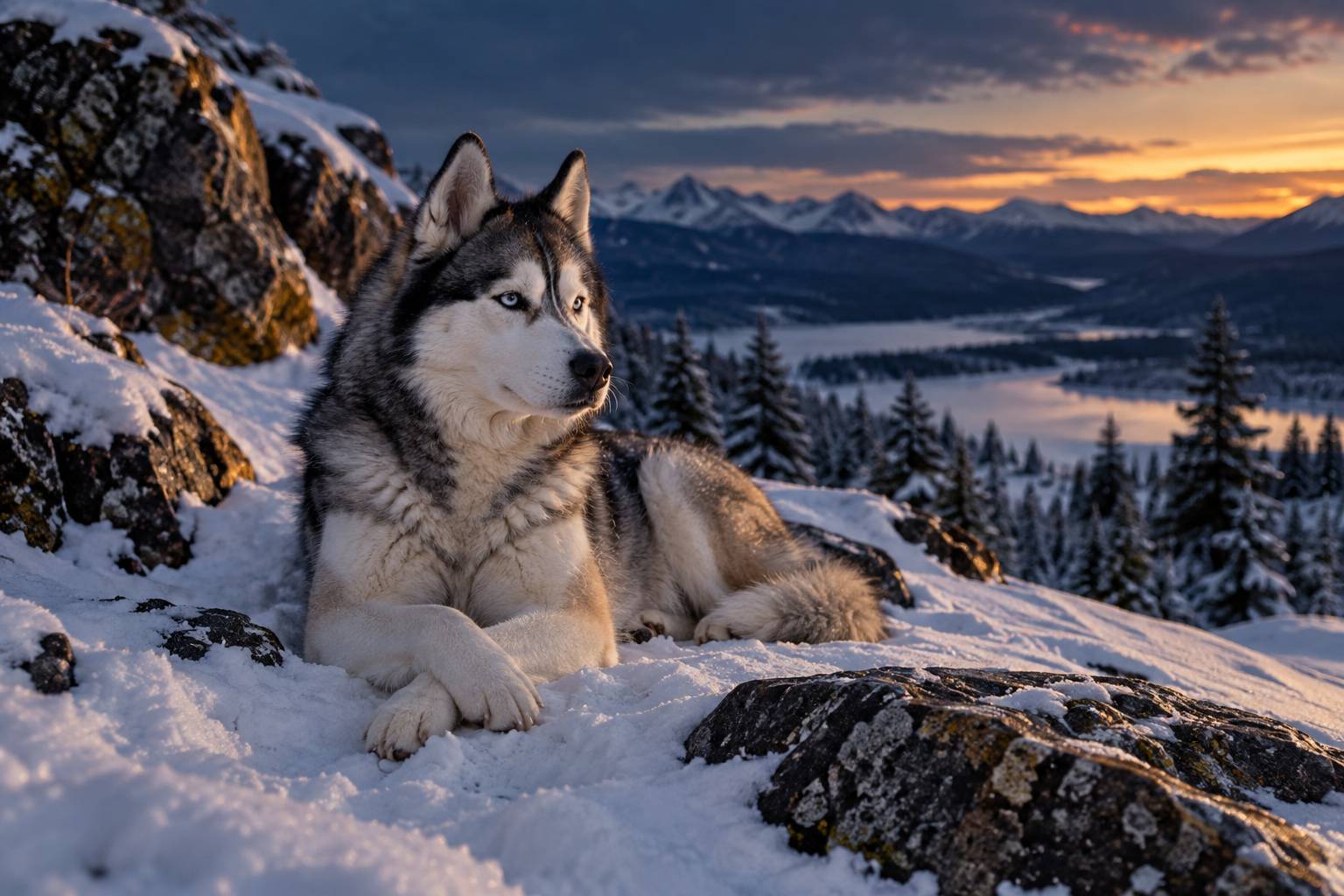 Chien de type husky sibérien couché sur la neige près de rochers