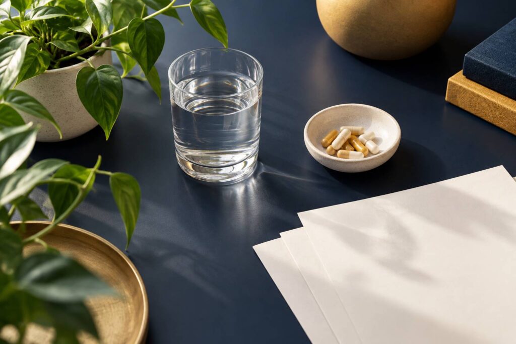 Verre d'eau et gelules neutres sans inscription sur une table de sante claire