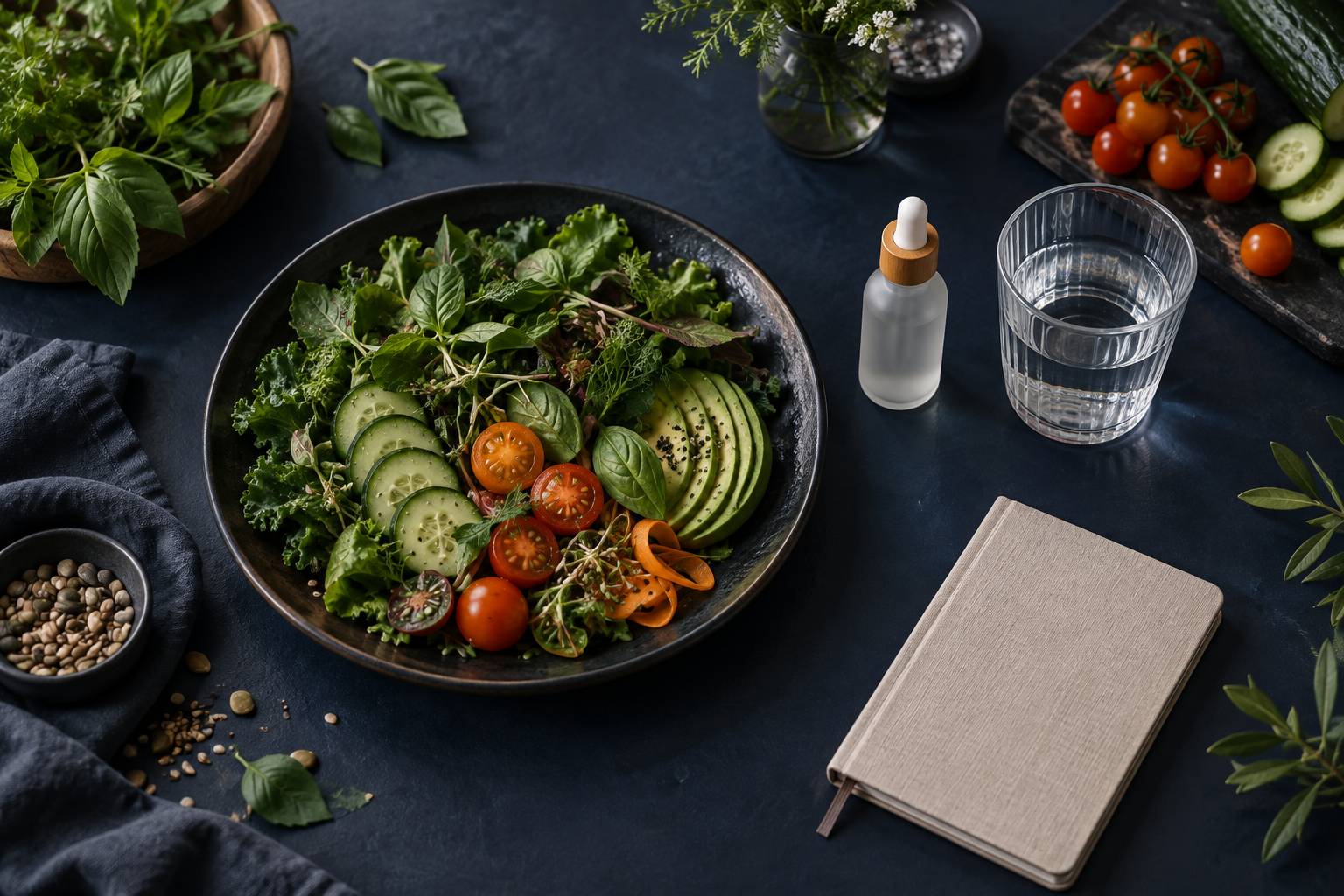 Legumes frais et flacon neutre sur un plan de travail de cuisine sante
