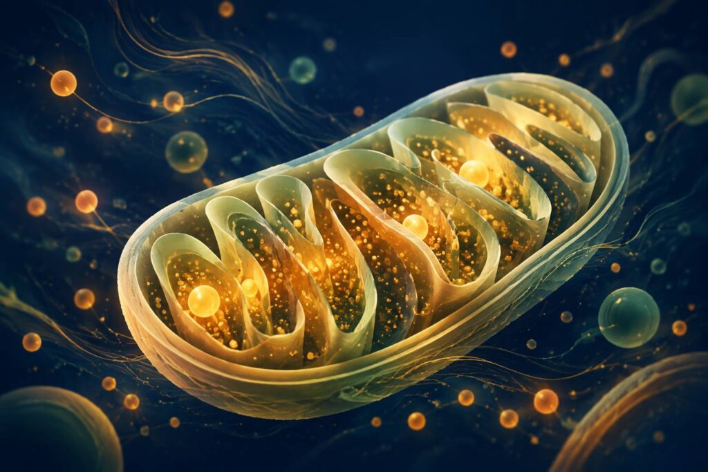 Représentation abstraite d'une mitochondrie sur fond bleu nuit pour le métabolisme