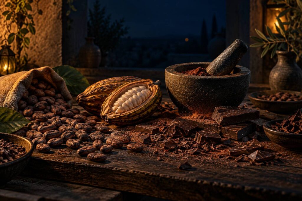 Fèves de cacao et tablette de chocolat noir cassée sur une planche de bois