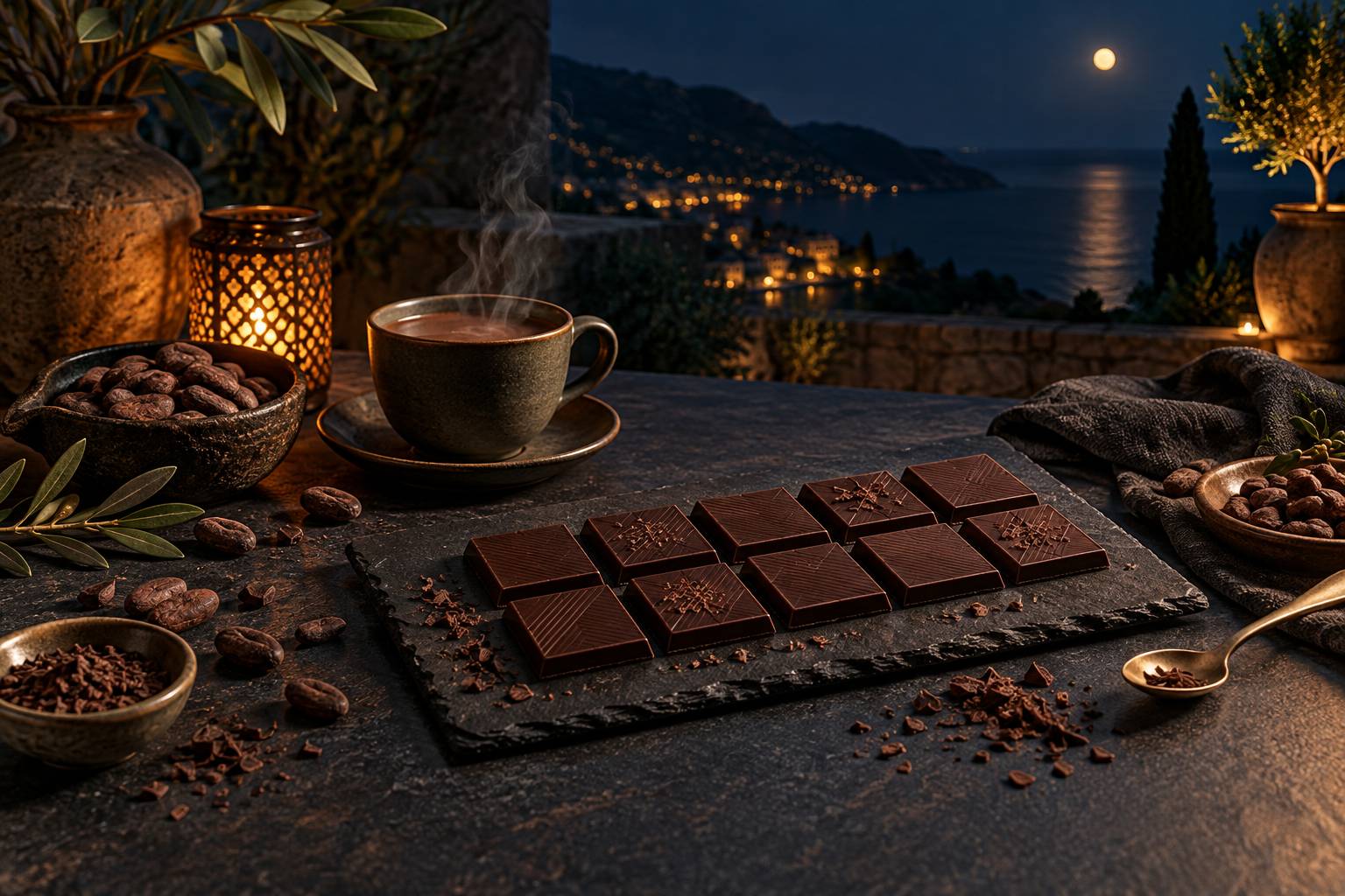 Carrés de chocolat noir alignés sur une ardoise avec tasse fumante