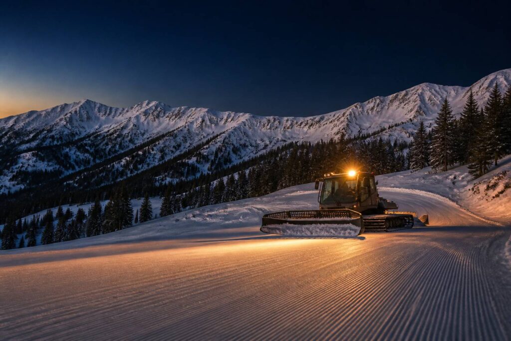 Dameuse chenillée lissant une piste de ski en soirée sous un ciel bleu nuit