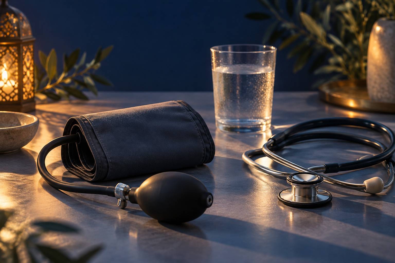 Brassard de tensiomètre et stéthoscope sur une table
