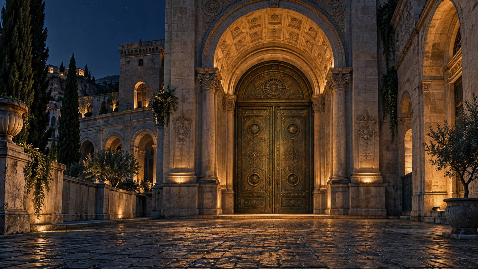 Détail d'une porte de pierre éclairée dans un édifice historique italien