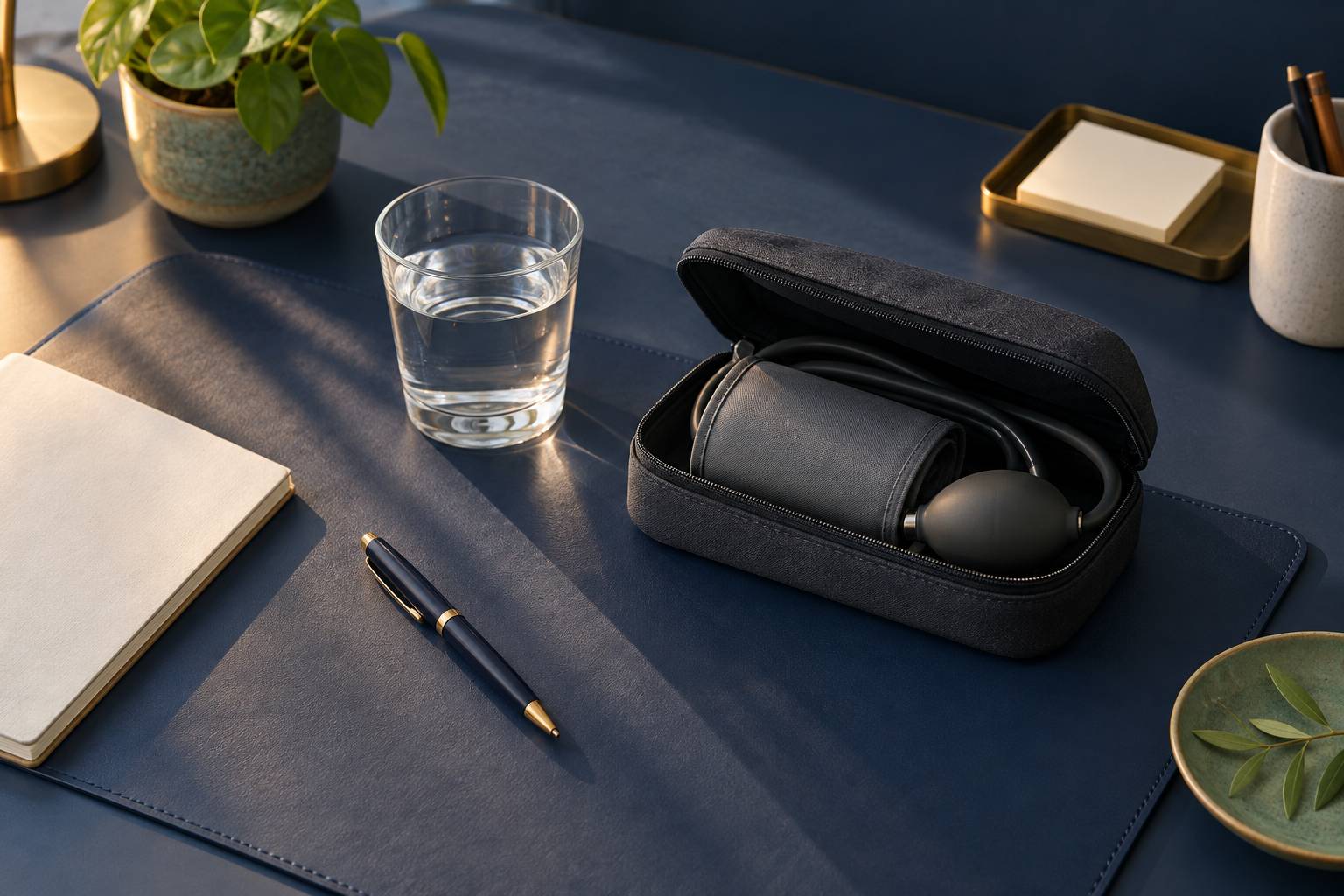 Surface d'un bureau de consultation avec tensiomètre rangé, verre d'eau et lumière douce