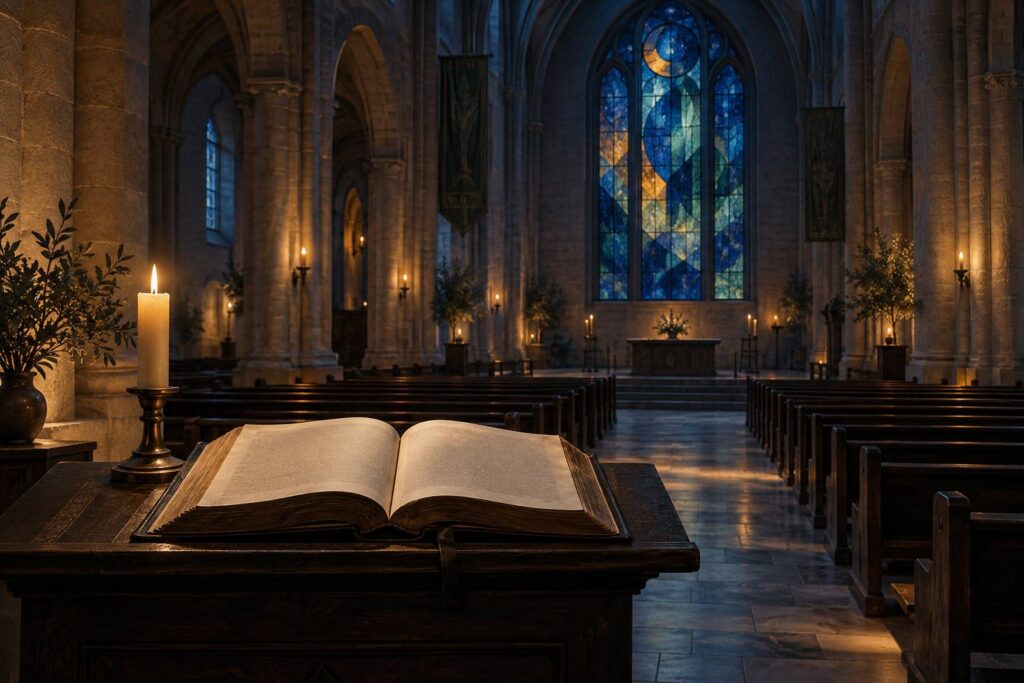 Intérieur d'église historique avec Bible ancienne ouverte sur un lutrin en bois