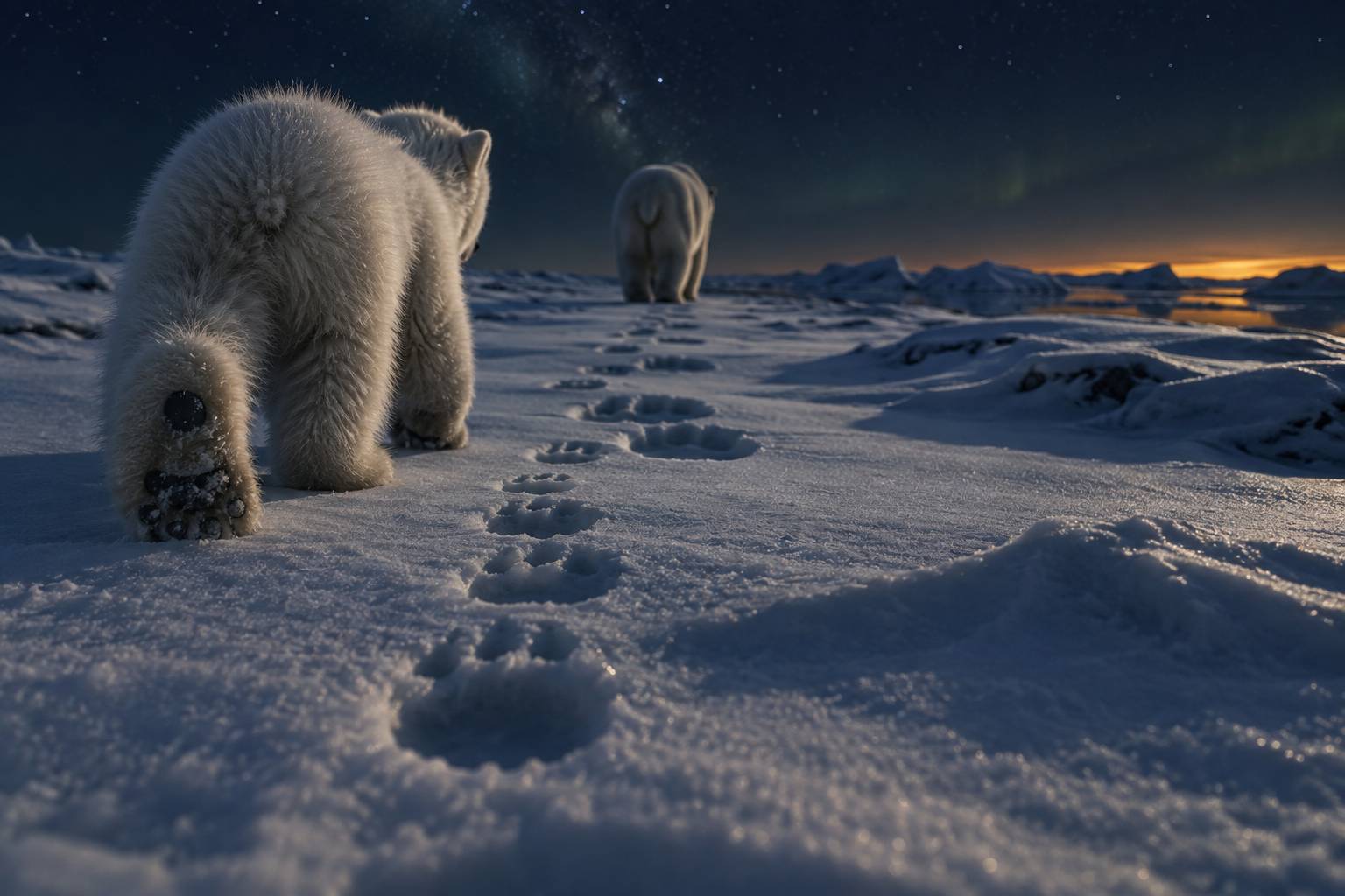 Empreintes d'ours polaire dans la neige suivant une piste sur la banquise