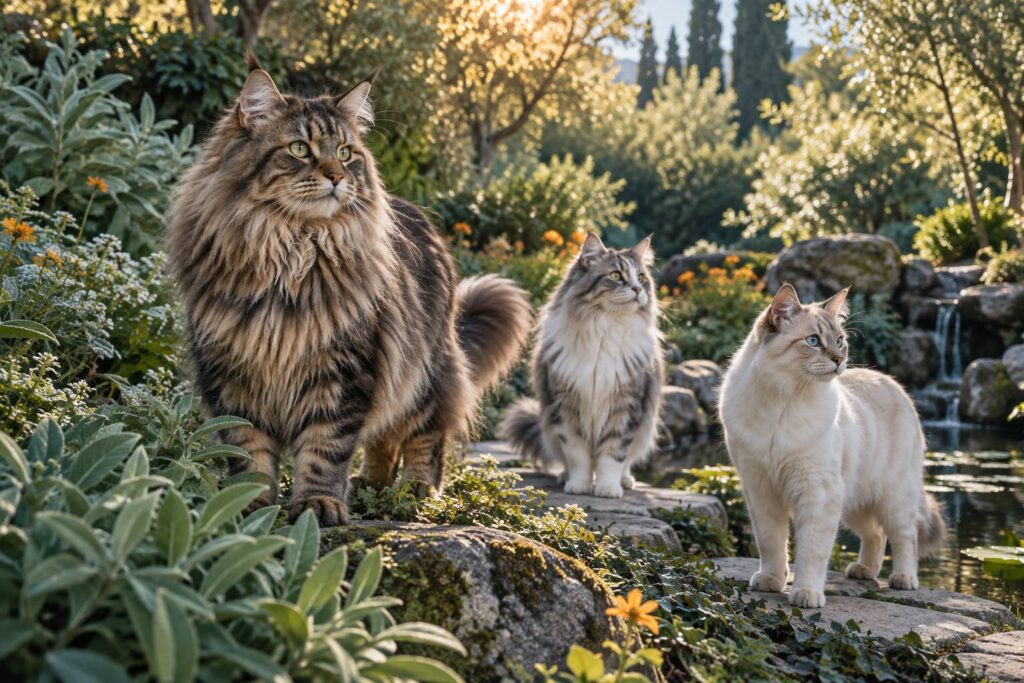 Vue large de trois chats de races naturelles dans un jardin ensoleillé : grand chat au poil épais, chat aux lo