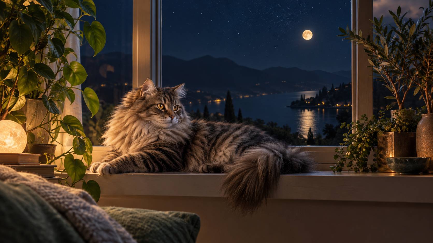 Vue large sur un chat aux yeux ambre et au pelage long et épais allongé sur un rebord de fenêtre ensoleillé, f