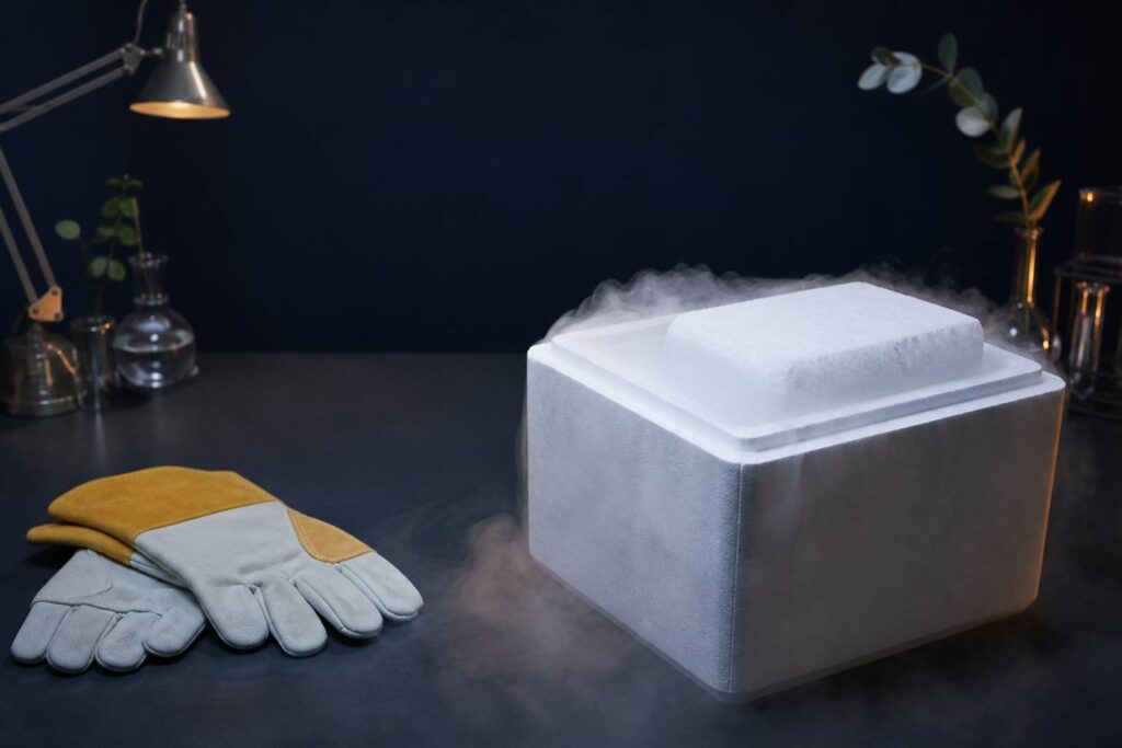 Bloc de glace carbonique fumant dans un conteneur thermique