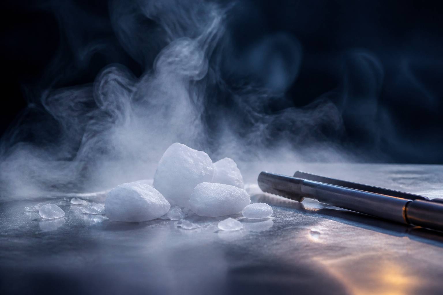 Morceaux de glace carbonique dégageant de la vapeur sur une surface