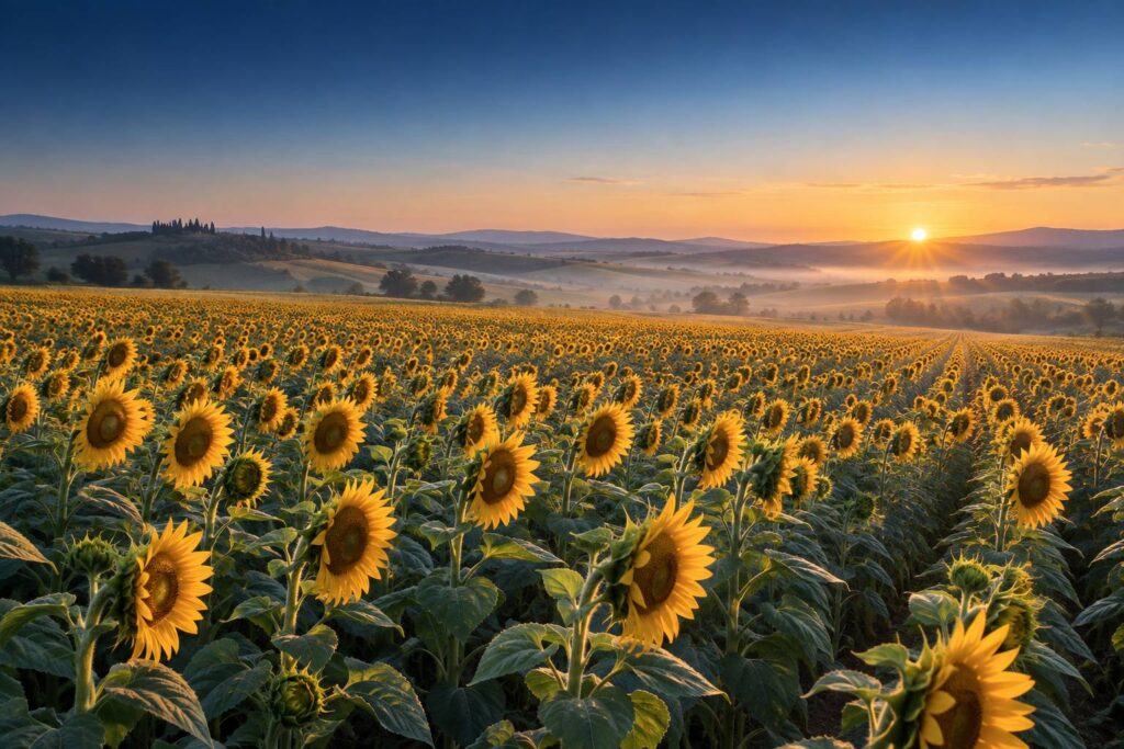 Champ de tournesols orientes vers l'est sous la lumiere de l'aube