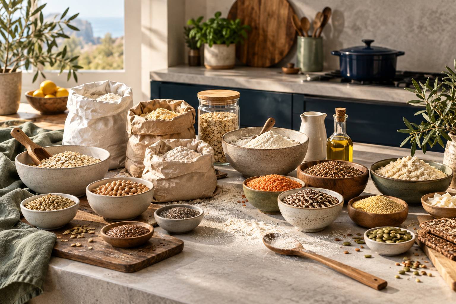 Table avec bols de céréales blé, orzo, riz et légumineuses