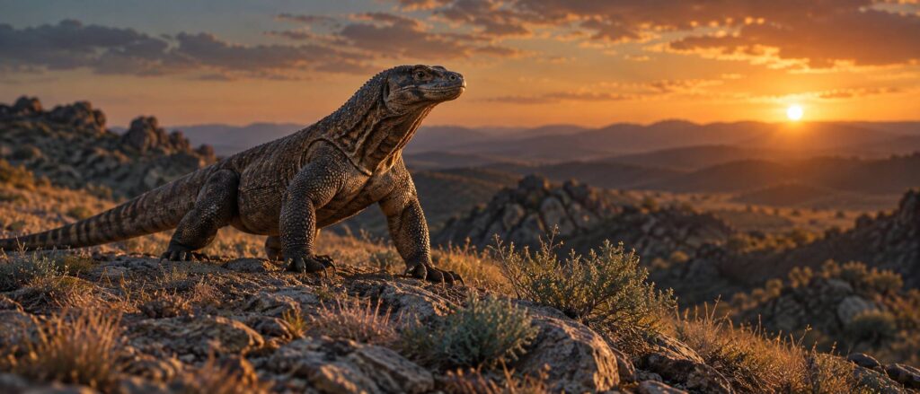 Grand lezard massif ecailleux dresse sur une terre seche au soleil