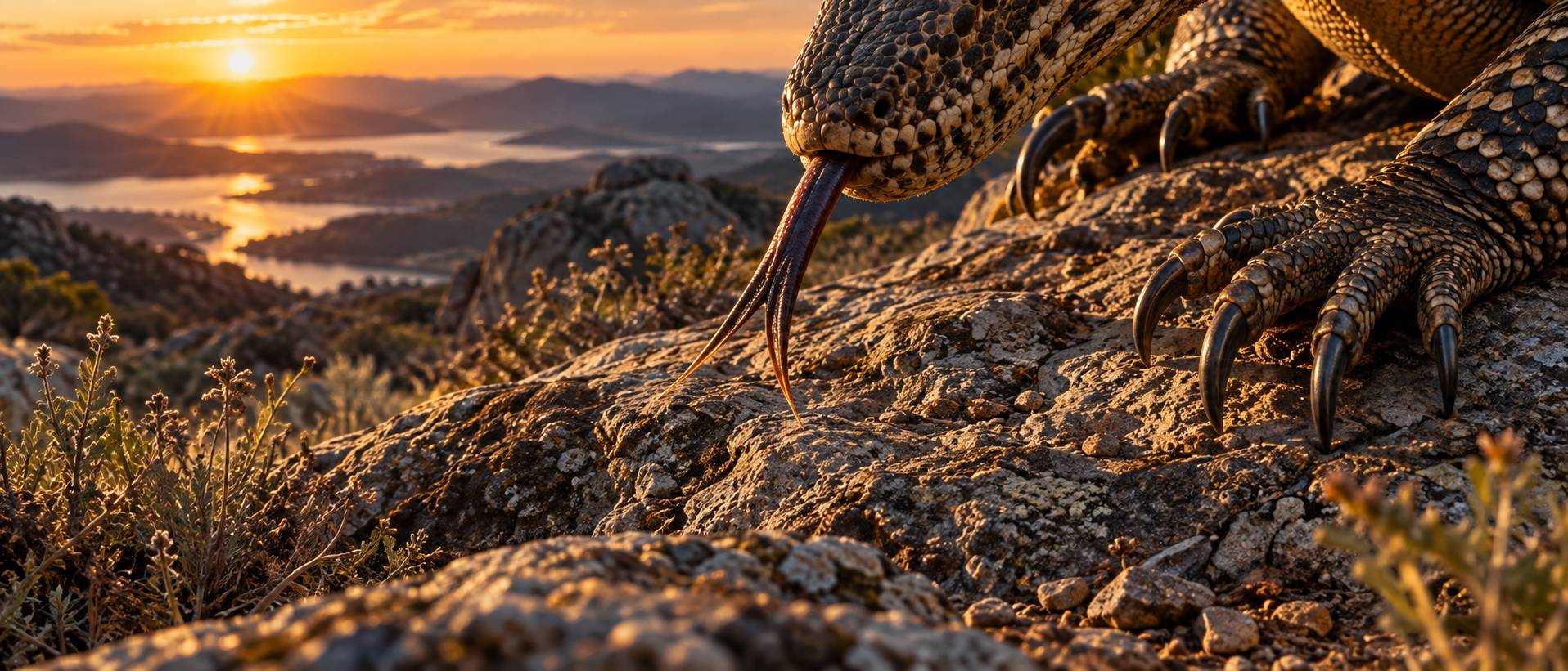 Griffes et tete ecailleuse d'un grand reptile sur une pierre seche