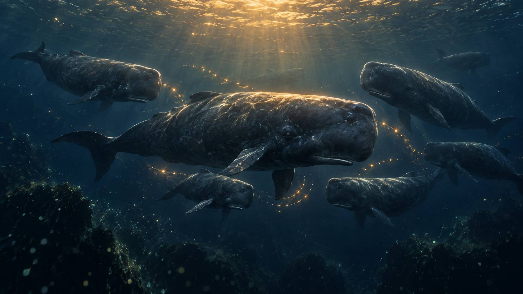 Illustration éditoriale du sujet : I capodogli: comportamenti unici che ricordano le complesse tribù umane