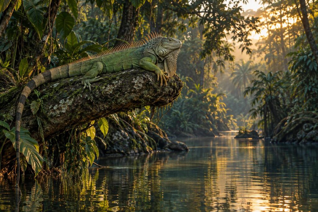 Iguane vert au repos sur une branche au-dessus d'une eau calme