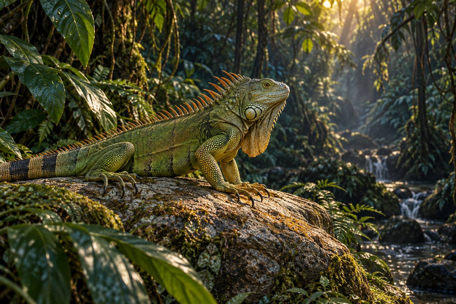 Iguane vert de profil sur un rocher en foret tropicale humide