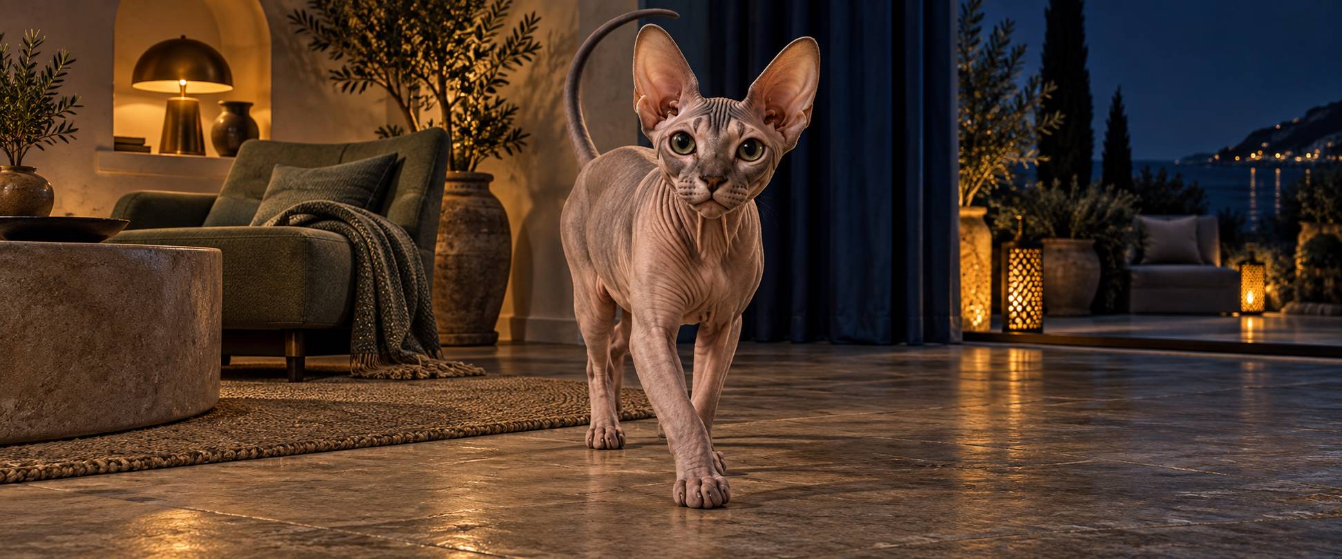 Illustration éditoriale du sujet : Il Fascino Unico dello Sphynx: Il Gatto Senza Pelo che Conquista il Cuore