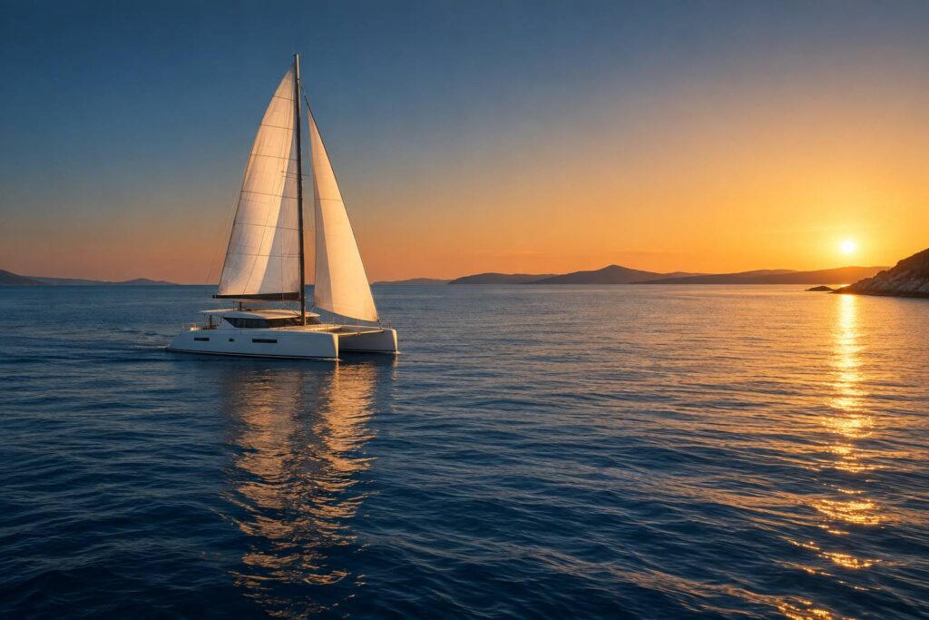 Catamaran anonyme à voiles blanches naviguant sur une mer calme