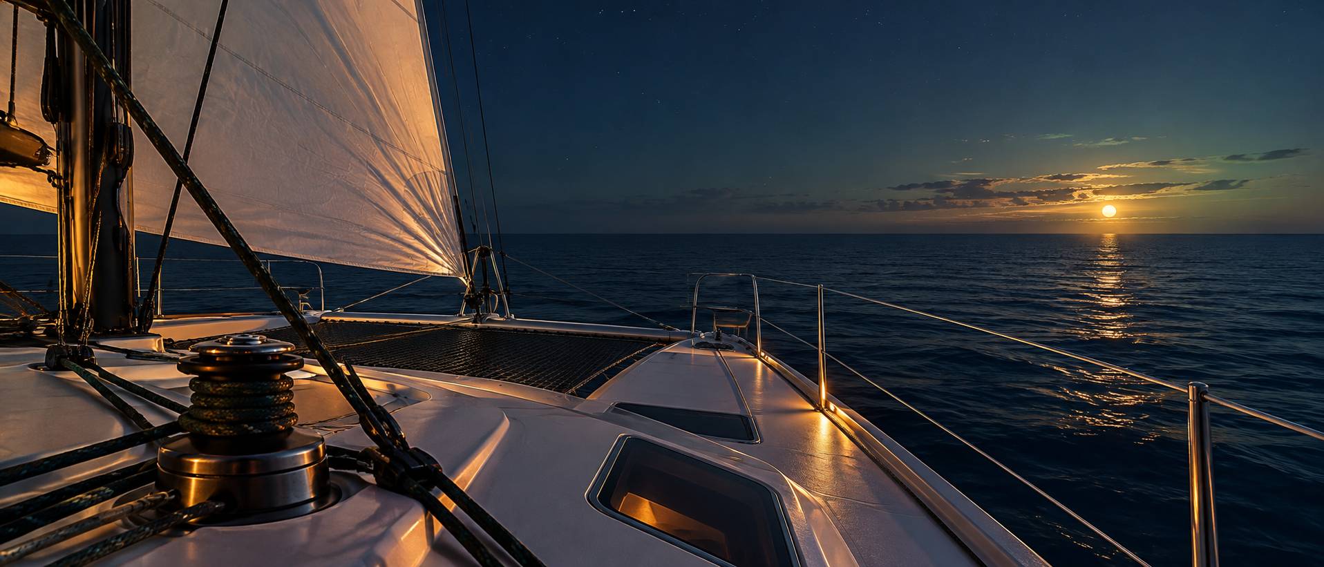 Catamaran anonyme à voiles blanches naviguant sur une mer calme