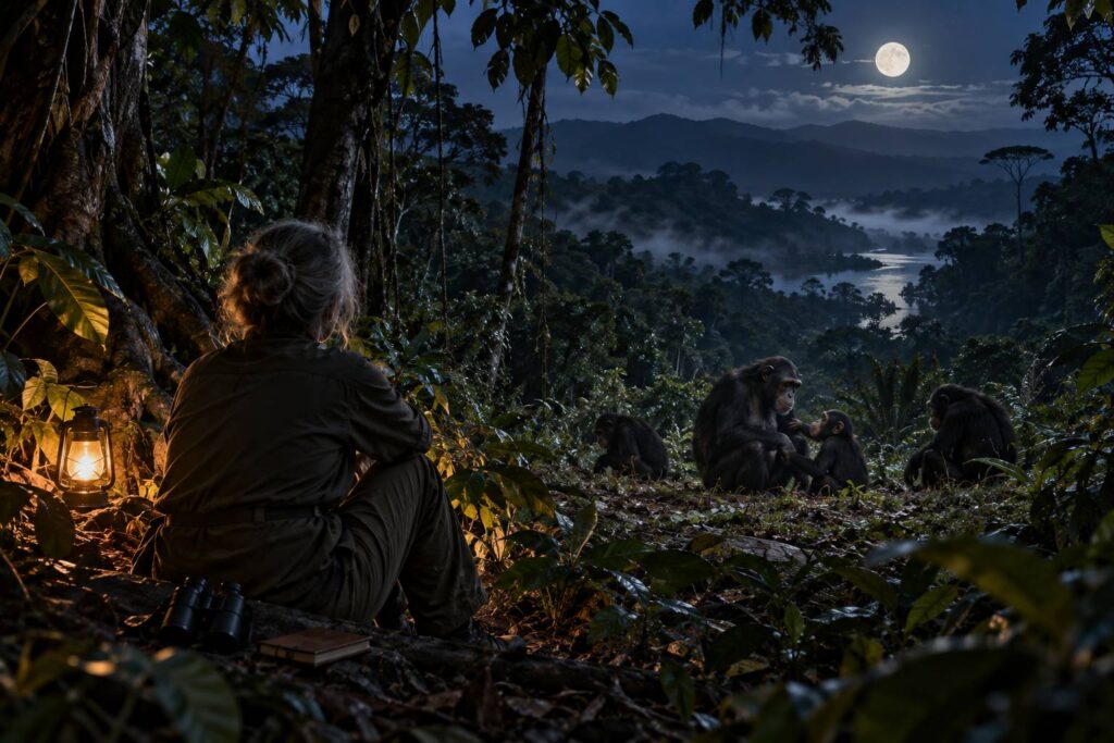 Illustration éditoriale du sujet : Jane Goodall: il viaggio di un'etologa tra gli scimpanzé per svelare i segreti dell'essere umano
