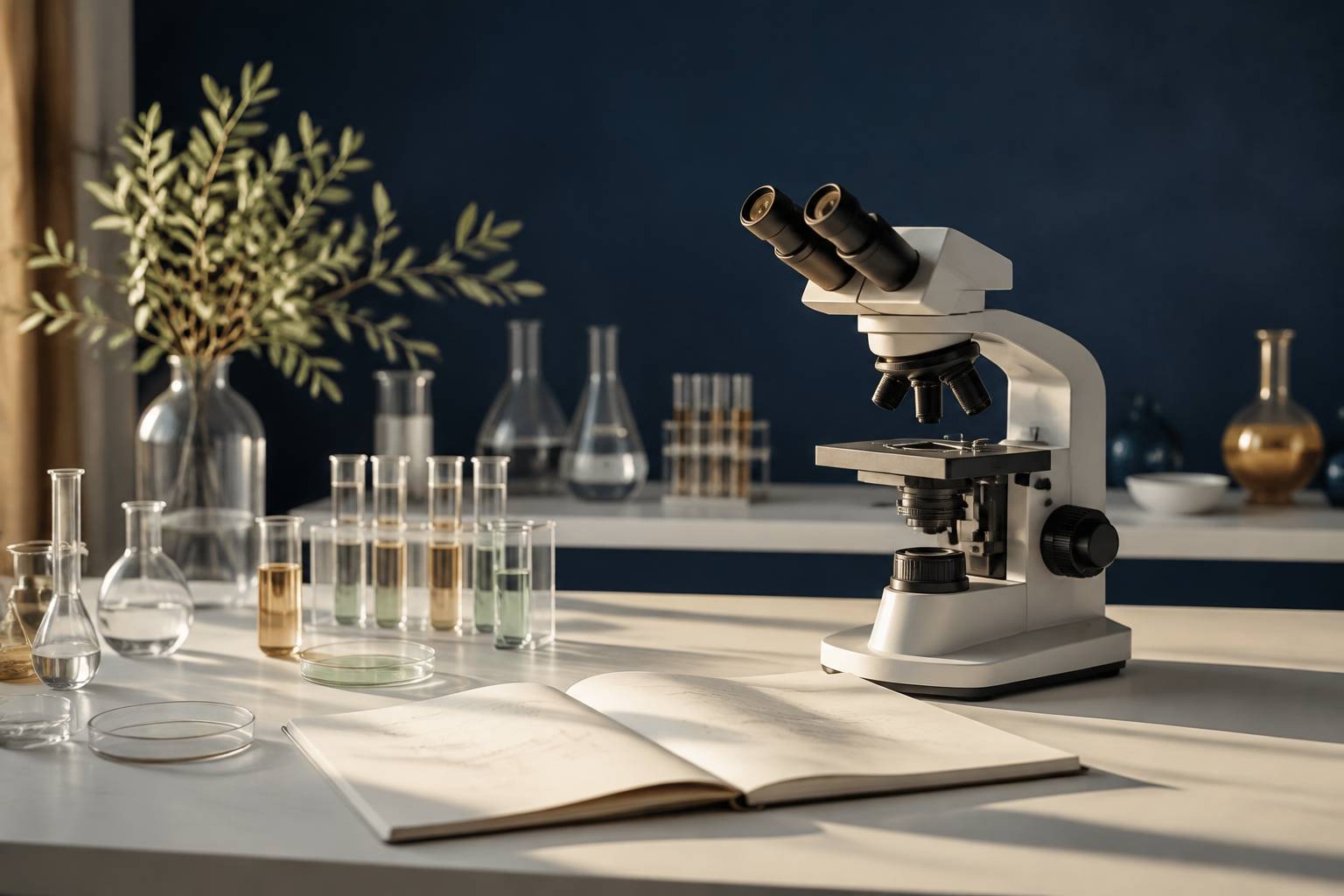 Paillasse de laboratoire avec microscope et tubes pour l'étude cellulaire
