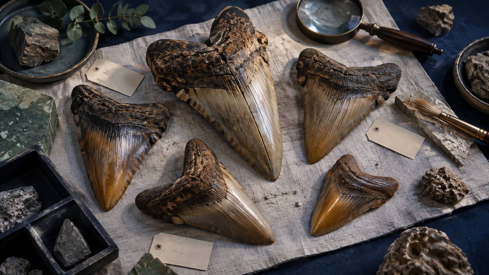Dents fossilisees triangulaires sur un tissu clair avec pinceau et loupe
