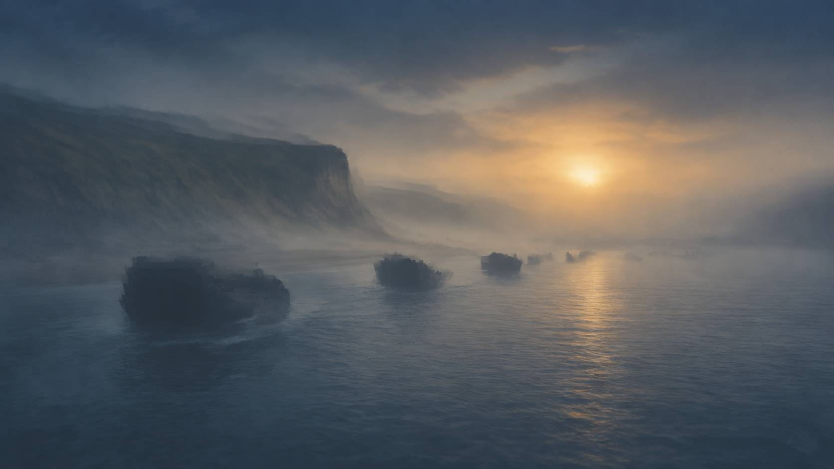 Silhouettes de chalands anciens sans insigne avançant vers la côte dans la brume
