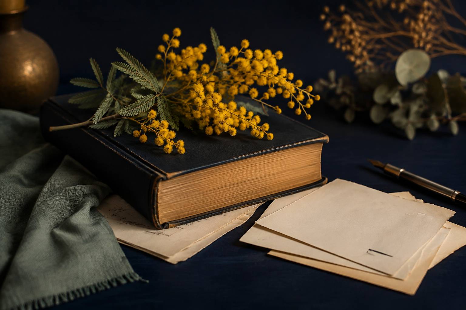 Brins de mimosa posés sur un livre ancien fermé, évocation symbolique des racines de la journée du 8 mars