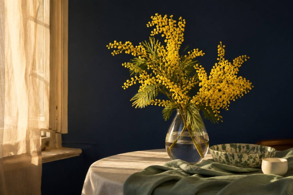 Branche de mimosa jaune dans un vase en verre près d'une fenêtre, fond bleu nuit, lumière ambre