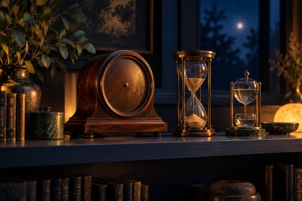 Étagère sobre avec horloge ancienne en bois et sablier en verre