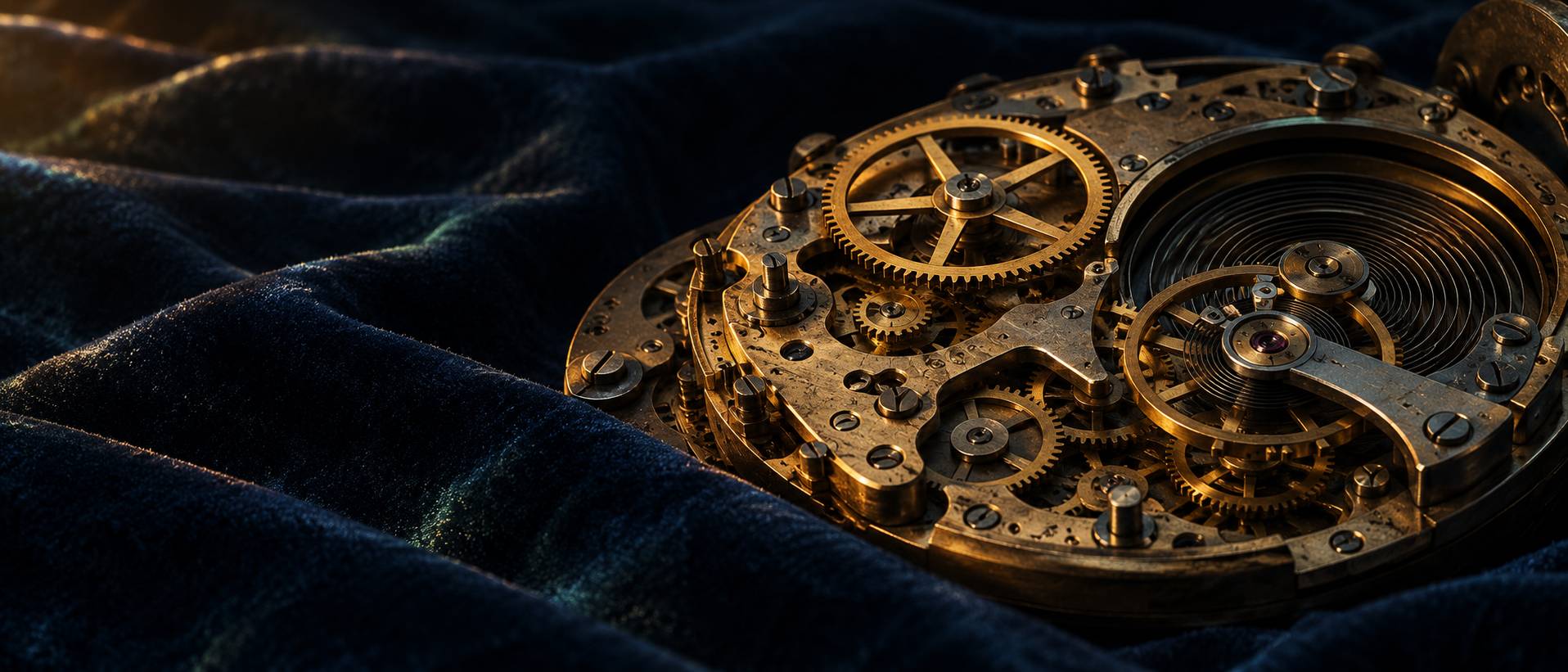 Mécanisme d'horlogerie ancien en laiton posé sur un drap de velours