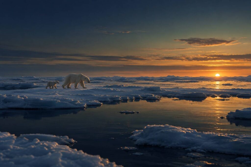Ours polaire adulte et son petit marchant sur la banquise arctique
