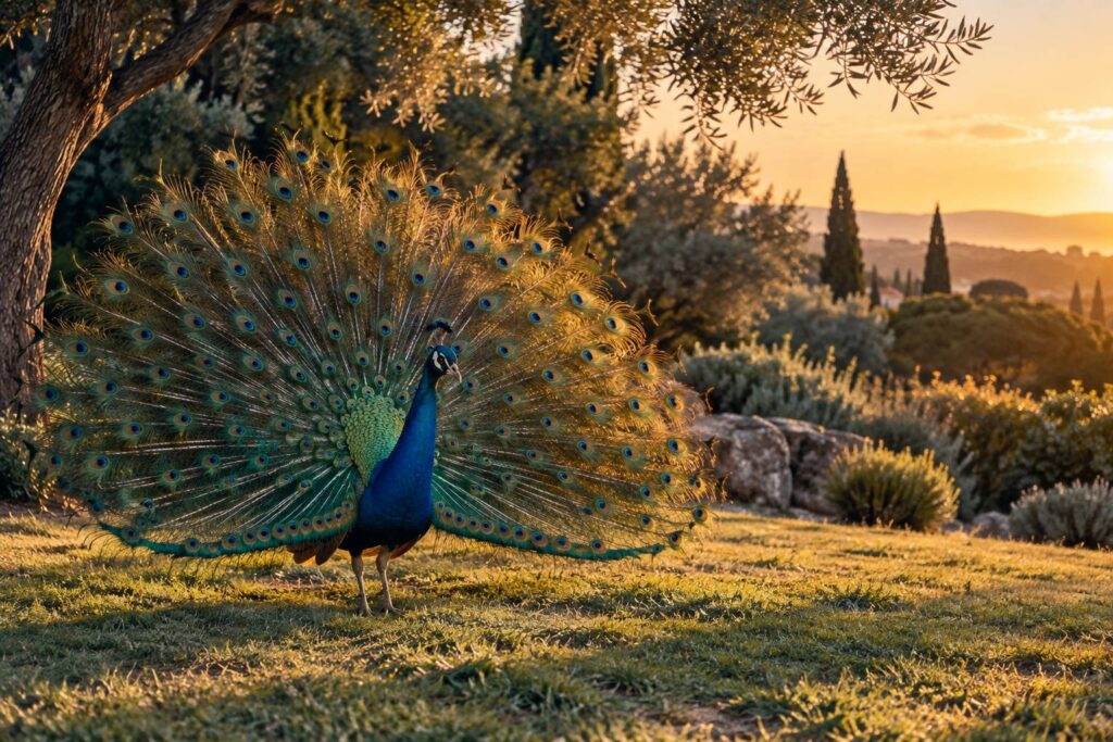 Paon au plumage deploye sur une pelouse en lisiere de sous-bois